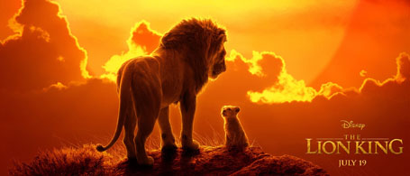 Mufasa looks down on young Simba as the sun sets in The Lion King poster.